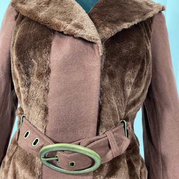 BLANC NOIR Sample Faux Fur Blocked Wool Car Coat Jacket Belted Midi Brown Small - Picture 10 of 12